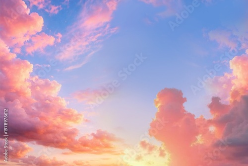 clouds and sun A breathtaking view of voluminous clouds floating in a pastel-toned sky, softly lit by golden sunlight. The blend of warm pink, peach, and subtle lavender hues creates a magical 