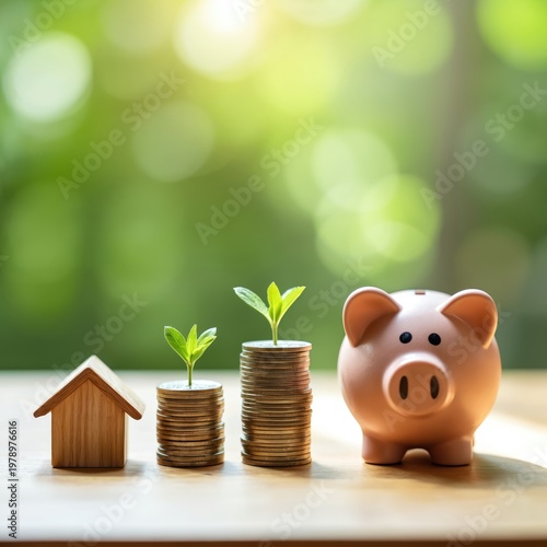 Wooden house beside stacks of coins with sprouting plants and a piggy bank. Represents financial growth savings investment and wealth building opportunities.