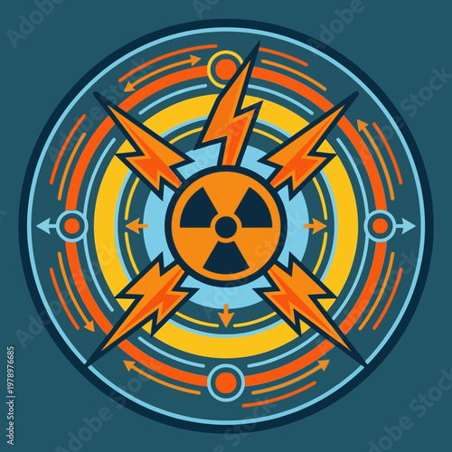 Flat minimal icon of nuclear energy output with lightning and circular shapes