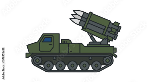 Flat minimal side view icon of missile launcher vehicle in clean geometric style.