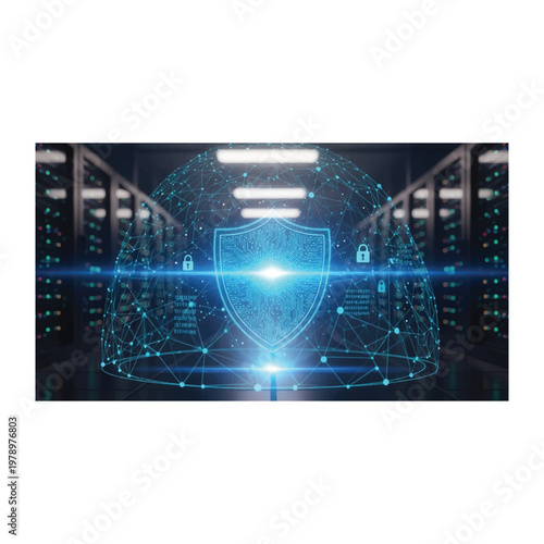 Advanced cybersecurity shield protecting networks, detecting threats, preventing breaches, ensuring data integrity
