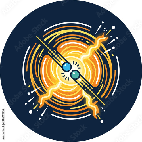 Flat minimal icon of nuclear fission with split atom and energy lines
