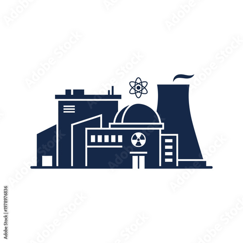 Flat minimal icon of nuclear plant cooling towers with clean geometric shapes.