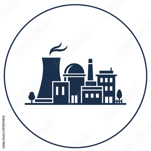 Flat minimal icon of nuclear plant cooling towers with clean geometric shapes.