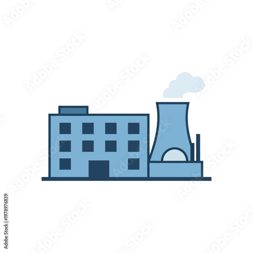Flat minimal icon of nuclear plant cooling towers with clean geometric shapes.