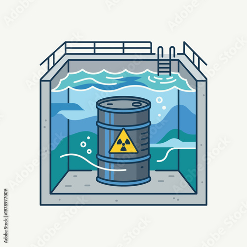 Minimal flat icon of nuclear waste in cooling pool with water level shapes