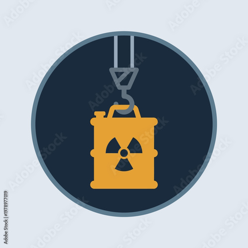 Flat minimal icon of nuclear waste handling with crane hook and barrel