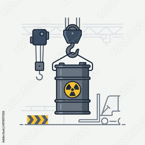 Minimal flat icon of nuclear waste handling with crane and barrel
