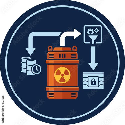 Minimal flat icon of nuclear waste handling with crane and barrel