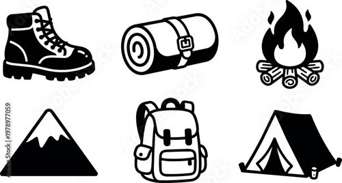 Black and white camping boots backpack tent campfire mountain icons vector art