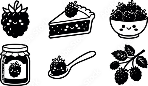 Black and white kawaii raspberry food icons with happy faces