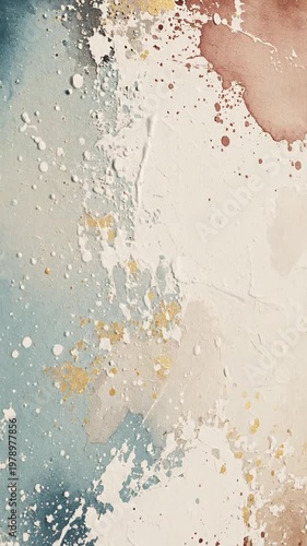 An abstract painting featuring textured layers of blue, white and brown paint with gold accents