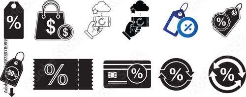 Collection of discount and percentage icons representing sales and finance
