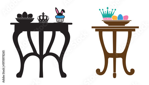 Two decorative tables display Easter symbols and regal elements isolated on white background
