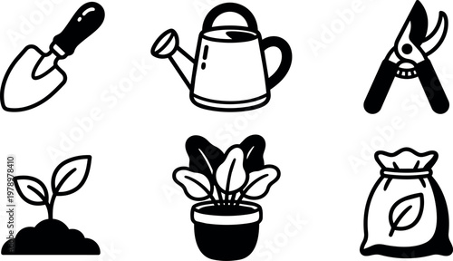 Black and white gardening tools plant icons with watering can and seed bag