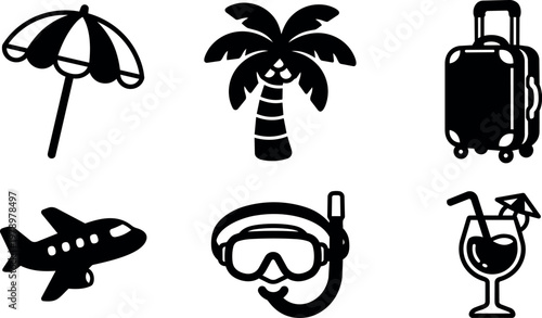 Black and white travel icons umbrella palm tree luggage airplane snorkel cocktail
