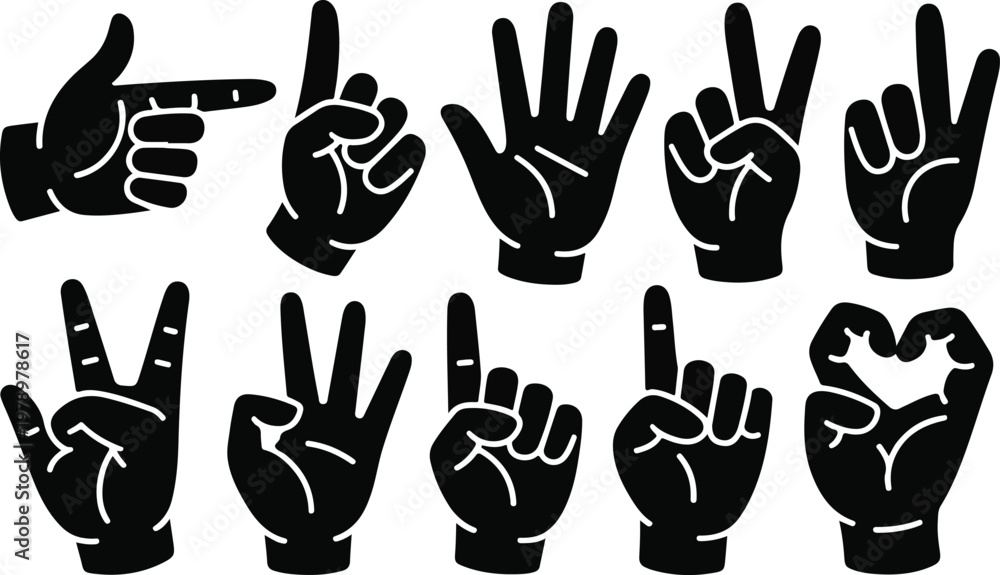 Fototapeta premium Black hand gestures icons showing various signals and counting symbols.