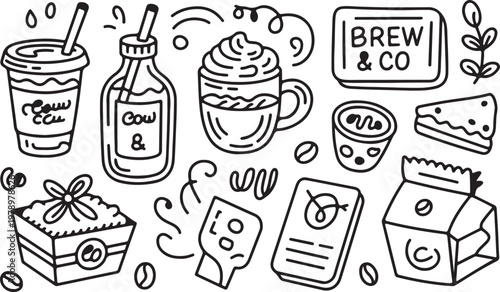 coffee and tea doodle line art set, cute hand drawn sketch style collection.