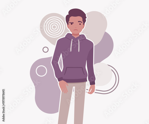 A sad young man with a worried expression stands against an abstract background of shapes and circles. High quality flat vector character illustration for psychological health and mental health topics