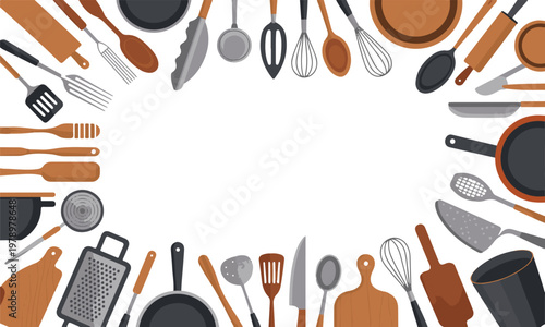 kitchenware background with various cooking utensils for culinary concept.