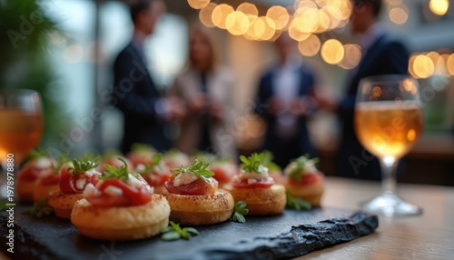 Appetizers and drinks are arranged on a table at a business event. People network in the blurred background. The event has a festive atmosphere with bokeh lights.