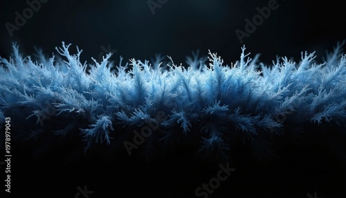 Macro photo of frosty branches forming dense border. Blue ice crystals grow on thin plant stems. Cold winter background, dark nature scene, sharp frost detail.