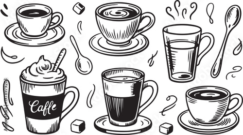 Collection of coffee cups and related items on checkered background.