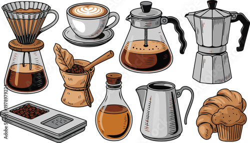 Artistic coffee brewing tools with moka pot and french press equipment.