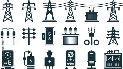 Power energy electricity pylons and electric devices solid icon set.