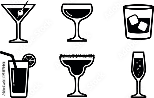 Black and white cocktail party drink icons set with different glasses and garnishes