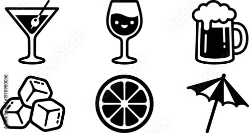 Black and white line art cocktail glasses beer ice cubes lemon slice and umbrella icons