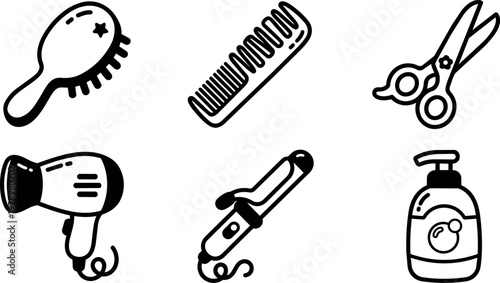 Black and white line art hairbrush comb scissors hairdryer curling iron and shampoo bottle