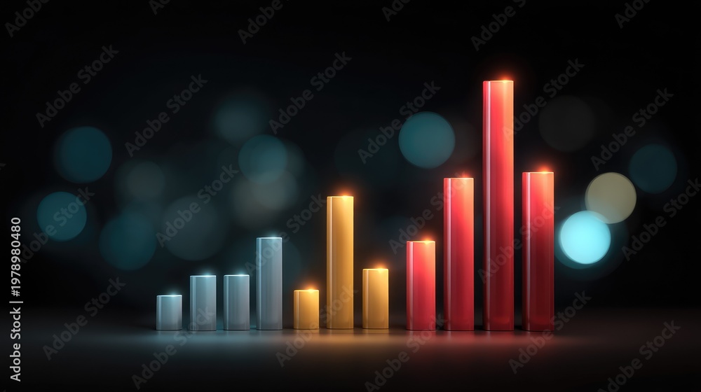 Fototapeta premium Abstract representation of financial growth or success with colorful bars against a dark background and glowing bokeh for creativity and inspiration