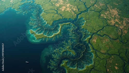 Birdseye view of fertile delta landscape with winding rivers meeting vast blue ocean. Verdant green landmass contrasts with deep water, showing complex natural water channels.