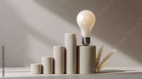 Modern business concept with light bulb symbolizing innovative ideas and growth, arranged on minimalistic pedestal display with natural elements.