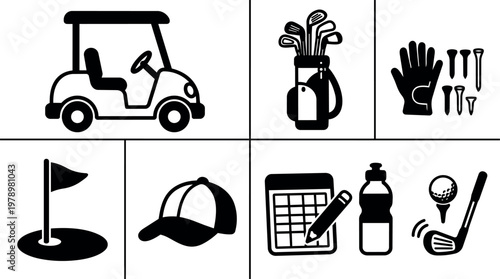 Black and white golf equipment set with golf cart cap and scorecard