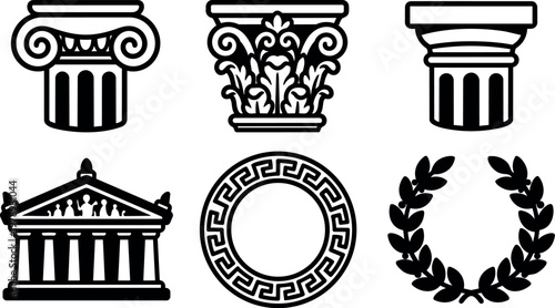 Black and white greek column capitals and laurel wreath set vector art