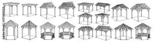 Set of Wooden Gazebo and Pergola Pavilion Frame Line Drawings for Timber Structure Designs