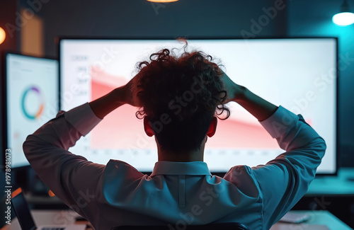 Man with hands on head stares at declining ROI chart on screen. Frustrated office worker sees bad business results. Financial stress and data analysis failure.
