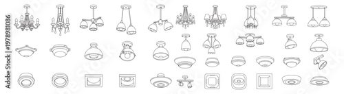 Ceiling Light Icons Collection: Chandeliers, Pendant Lamps, Flush Mounts and Spotlights Line Art
