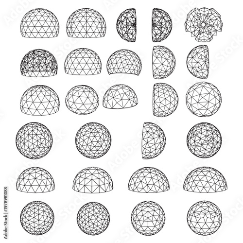 Geodesic Dome Wireframe 3D Mesh Set — Low Poly Hemisphere Models, Architectural Geometry and Triangulated Sphere Outlines