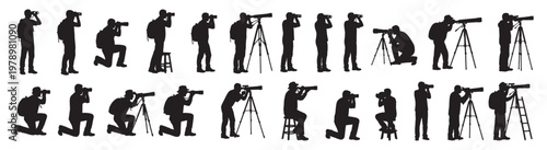 Set of Photographer Silhouettes With Cameras, Tripods and Different Shooting Poses