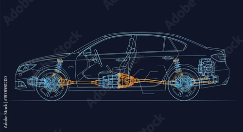 Car Drivetrain Blueprint Diagram Showing Transmission, Axles and Suspension in Side View