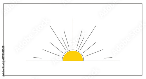Sunrise Over Horizon, Sun Rays Bursting, Minimalist Line Art, Yellow Sun, New Day Beginning