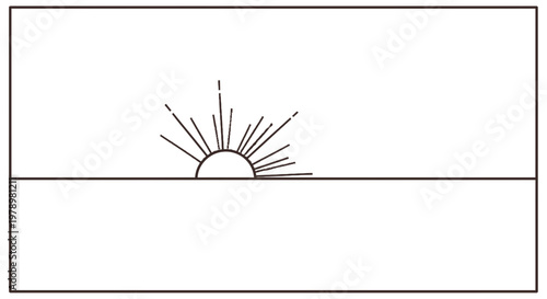 Sunrise Over Horizon, Sun Rays Bursting, Minimalist Line Art