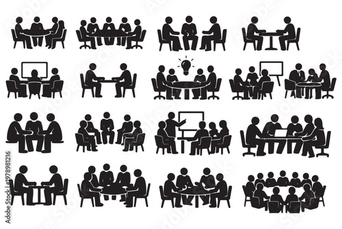 Business Meeting Icons and Group Meeting Silhouettes Showing Teamwork, Discussion and Collaboration