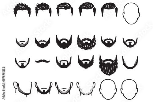 Set of Male Hairstyles and Beard Icons — Vector Hair and Beard Style Silhouettes for Avatars