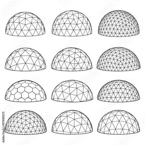 Geodesic Dome Line Art Set — Twelve Vector Dome Structures, Architectural Wireframe Patterns