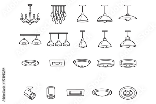 Ceiling Lighting Icons Set: Chandeliers, Pendant Lamps, Recessed and Spot Lights Line Art Vector