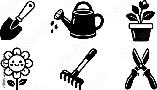 Black and white gardening tools flower pot and smiling flower icon set